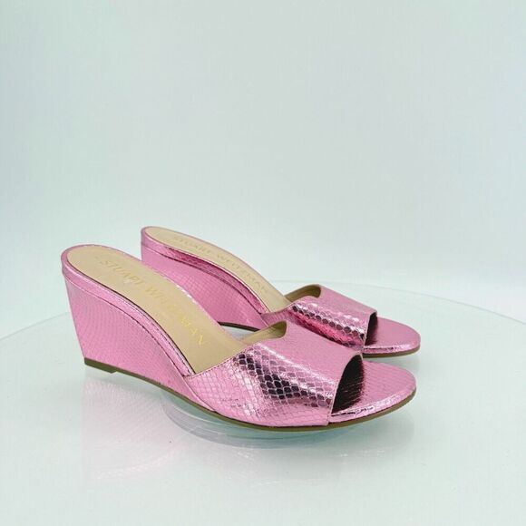 Stuart Weitzman Shoes - Stuart Weitzman Larunda Women's Mule Sandal Size 7.5 Wedge Heel Pink Slide Snake